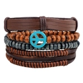Handmade leather multilayer bracelet set with wooden beads and turquoise peace sign charm - Dark Brown (Leather, Peace Sign, Wood Beads, Wax Cord)