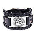 Viking black wide leather bracelet featuring a silver Valknut plate and Runic engraving - Rectangular Plate Style / Black (Black Leather + Antique Silver)