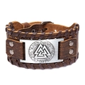 Viking leather cuff bracelet featuring Valknut metal plaque and Nordic rune details - Rectangular Plate Style / Brown (Brown Leather + Antique Silver)
