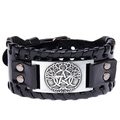 Double-layer black leather bracelet with silver tree of life and pentagram embossing - Black Leather + Antique Silver