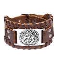 Bracelet vintage en cuir marron avec plaque métallique arbre de vie et croissant de lune - Cuir Brun + Argent Antique