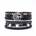 Bracciale multistrato in pelle nera albero della vita con ciondoli e perle bianche - Nero