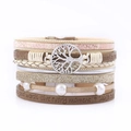 Bracciale multistrato in pelle con albero della vita argento e cinturini rosa pitonati - Beige