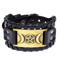 Pulsera retro de cuero negro Viking con símbolo de Odin y bordes trenzados - Cuero PU Negro + Bronce Antiguo