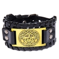 Retro punk black leather bracelet with bronze tree of life metal plate and woven edges - PU Black Leather + Antique Bronze