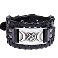 Pulsera de cuero vintage Viking Odin con un amuleto de pentagrama de plata retro y remaches - Cuero PU Negro + Plata Antigua