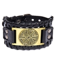 Vintage wide black leather cuff bracelet with bronze sun wheel metal charm and weave detail - Antique Bronze