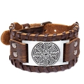 Handmade brown leather cuff bracelet with sun wheel engraving and metal rivets - Brown Leather + Antique Silver