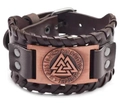 Brown leather Viking Valknut bracelet with woven edges and adjustable buckle - PU Leather Style / Brown (PU Brown Leather + Antique Red)