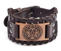 Deep brown leather bracelet featuring a copper tree of life and pentagram relief charm - PU Brown Leather + Antique Copper