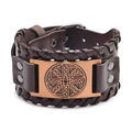 Vintage wide brown leather bracelet featuring a copper plate with Nordic knot engraving - PU Brown Leather + Antique Copper