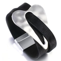 Minimalist wide black leather bracelet with large silver heart charm and magnetic clasp - Black