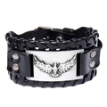 Vintage gevlochten lederen armband met adelaartotem en zilveren punk polsband - Zwart / Antiek Zilver