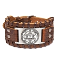 Nordic vintage Viking leather bracelet with star of David and mystic metal plate - Hexagram Style / Brown and Antique Silver