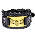 Vintage zwarte gevlochten leren armband met bronzen adelaarstotem en punk studs - Zwart / Antiek Cyaan