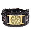 Vintage Viking leather bracelet with golden Star of David charm and metal rivets - Hexagram Style / Black and Antique Bronze