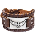 Retro punk gevlochten leren armband met zilveren adelaar totem reliëf in donkerbruin - Bruin/Antiek Zilver
