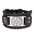 Nordic vintage black leather bracelet with silver Viking pentagram and woven edges - Hexagram Style / Black and Antique Silver