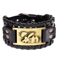 Nordic vintage Viking rabbit leather bracelet with bronze metal moose relief plate - Moose Relief / Black Leather Antique Bronze