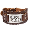 Bracelet vintage en cuir marron foncé avec plaque en métal élan et bords tressés - Relief d'Élan / Cuir Brun Argent Antique