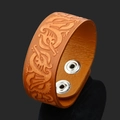 Bracciale largo in pelle vintage giallo zenzero con drago goffrato e bottoni metallici - Cammello