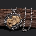 Viking stainless steel necklace featuring dual golden wolf heads pendant on orchid chain - Two-tone Pendant (4939415286681) / Two-tone (Gold & Silver)