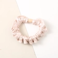 Elegant champagne satin hair scrunchie with a cream oval bead accessory decoration - Lotus Root Pink - Satin Medium