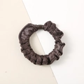 Dark brown satin silk scrunchie with pleated texture and oval buckle detail - Dark Coffee - Satin Medium