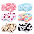Detailed set of six coral fleece bow headbands with various patterns for facial washing - Style A