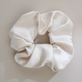 Plush faux rabbit fur hair scrunchie in soft cream white with silky satin texture - Satin Style / 11cm / Cream