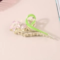 Pince à cheveux dorée élégante avec fleurs rose violet et ruban en émail vert brillant - Lys Violet 11CM