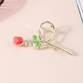 Pince à cheveux dorée en forme de blé avec rose rouge et feuilles vertes sur beige - Rose Rouge 11CM