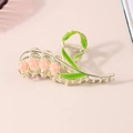 Pince à cheveux élégante en métal muguet doré avec une finition en émail rose et vert - Muguet Rose 11CM