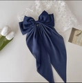 Barrette à nœud papillon géant en satin bleu marine avec longs rubans pour coiffure chic - Bleu Marine