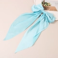 Sky blue satin bow hair clip with long ribbons and smooth glossy finish for women - Lake Blue