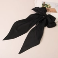Elegant large black satin bow hair clip with long ribbons for a minimalist look - Black