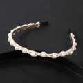 Elegant gold headband with white pearls and small crystal beads on black background - Gold Frame Staggered Pearl Style (#4)