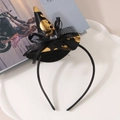 Cerchietto di Halloween con cappello da strega nero, teschio dorato e pizzo elegante - Teschio con Cilindro