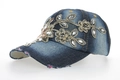 Navy blue denim baseball cap with gold flower embroidery and sparkling rhinestones - Washed Dark Blue (Color 5)