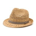 Close-up of the fine straw weave texture and striped ribbon on the fedora hat - Khaki (Adults)