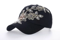 Elegant black baseball cap with golden floral embroidery and sparkling crystal rhinestones - Black