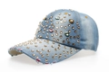 Berretto da baseball in denim azzurro con strass dorati e gemme colorate a goccia d'acqua - Colore 2