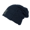 Men's dark blue slouchy beanie with fleece lining and vintage gothic letter patch - Navy Blue