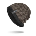 Winter thermal knit beanie in brown plaid pattern with warm fleece lining - Khaki