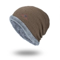 Brown knitted winter beanie for men with thick fleece lining and snowflake leather patch - Khaki