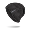 Winter thermal knit beanie with checkerboard pattern and plush lining in dark grey - Black