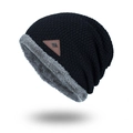 Bonnet en tricot noir avec doublure en polaire grise et écusson en cuir flocon - Noir