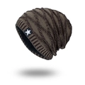 Gorro de punto café y negro para hombre con forro polar cálido y parche de estrella - Caqui