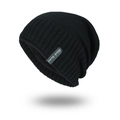 Gorro de punto negro para hombre con forro polar cálido y etiqueta decorativa - Negro