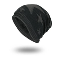Winter knitted star pattern beanie with warm fleece lining in charcoal and black - Black